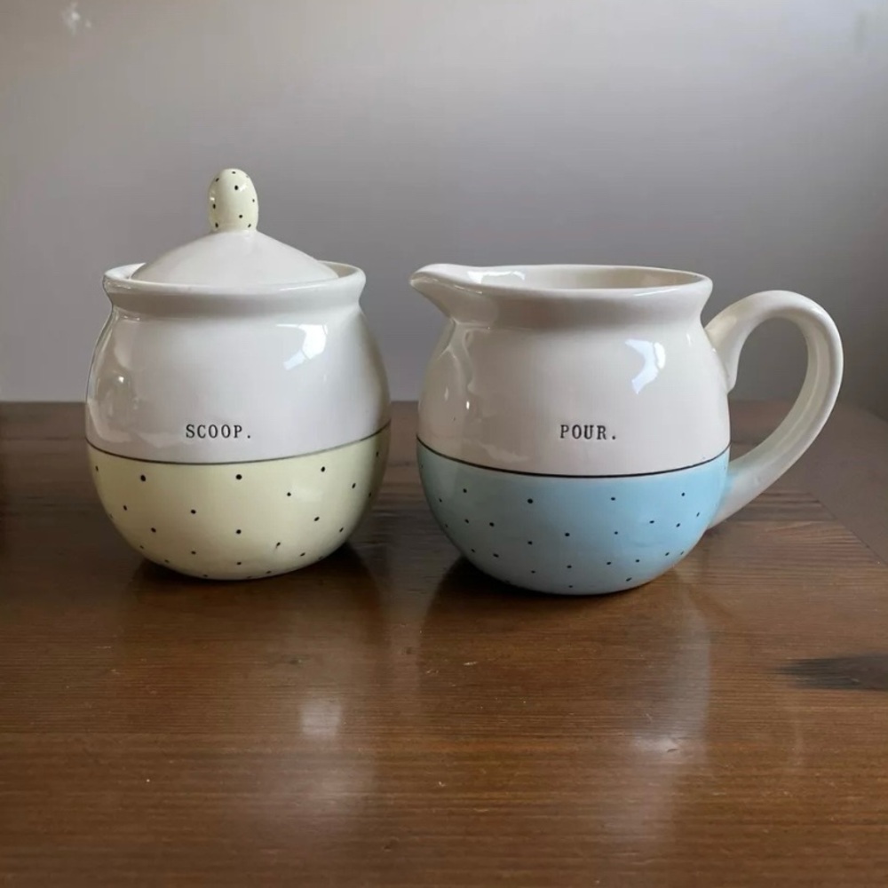 Rae Dunn Ceramic Yellow and Blue Polka Dot Scoop. Pour. Sugar and Creamer Set